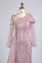 Dusty Pink Asymmetrical Draped Beaded Mermaid Mother of the Bride Dress KY071