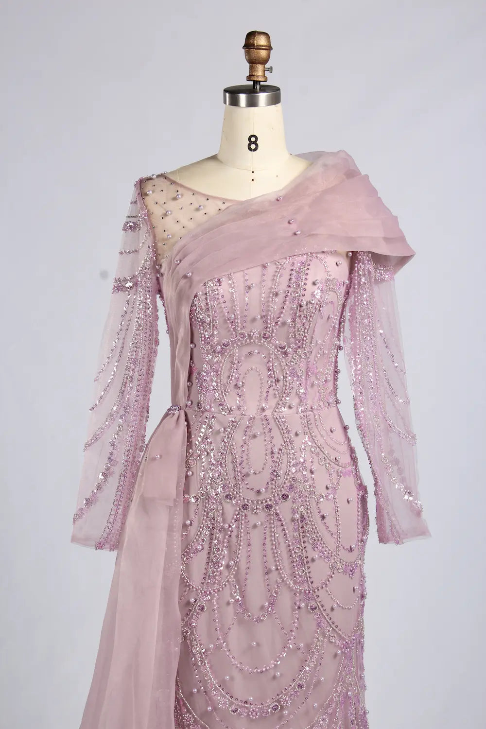 Dusty Pink Asymmetrical Draped Beaded Mermaid Mother of the Bride Dress KY071