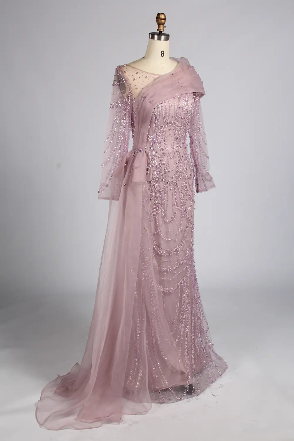 Dusty Pink Asymmetrical Draped Beaded Mermaid Mother of the Bride Dress KY071