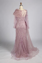 Dusty Pink Asymmetrical Draped Beaded Mermaid Mother of the Bride Dress KY071