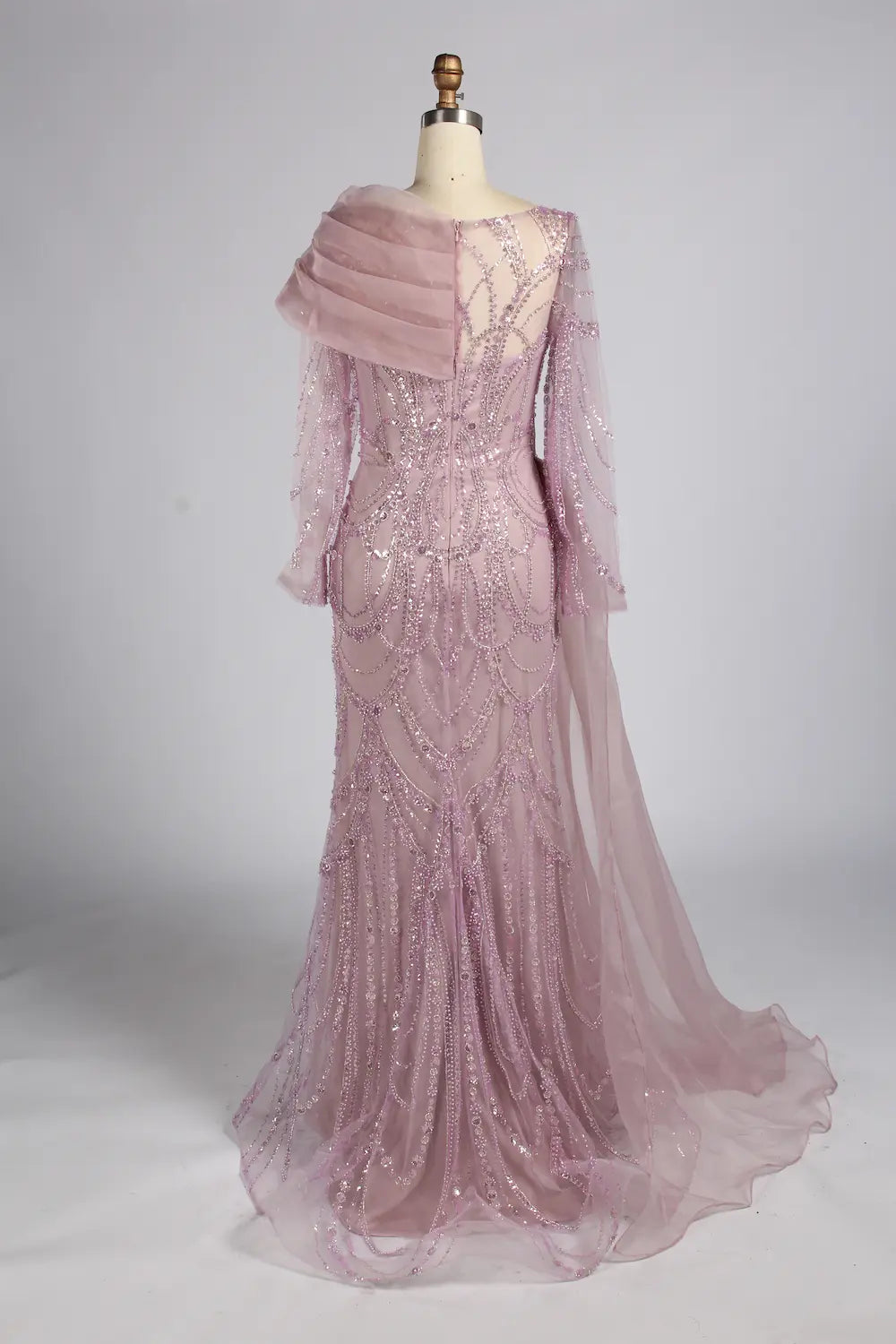 Dusty Pink Asymmetrical Draped Beaded Mermaid Mother of the Bride Dress KY071