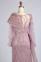 Dusty Pink Asymmetrical Draped Beaded Mermaid Mother of the Bride Dress KY071