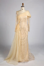 Dusty Pink Asymmetrical Draped Beaded Mermaid Mother of the Bride Dress KY071