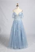 Wholesale Light Blue Lace Feather Off-the-Shoulder Evening Gown 33394