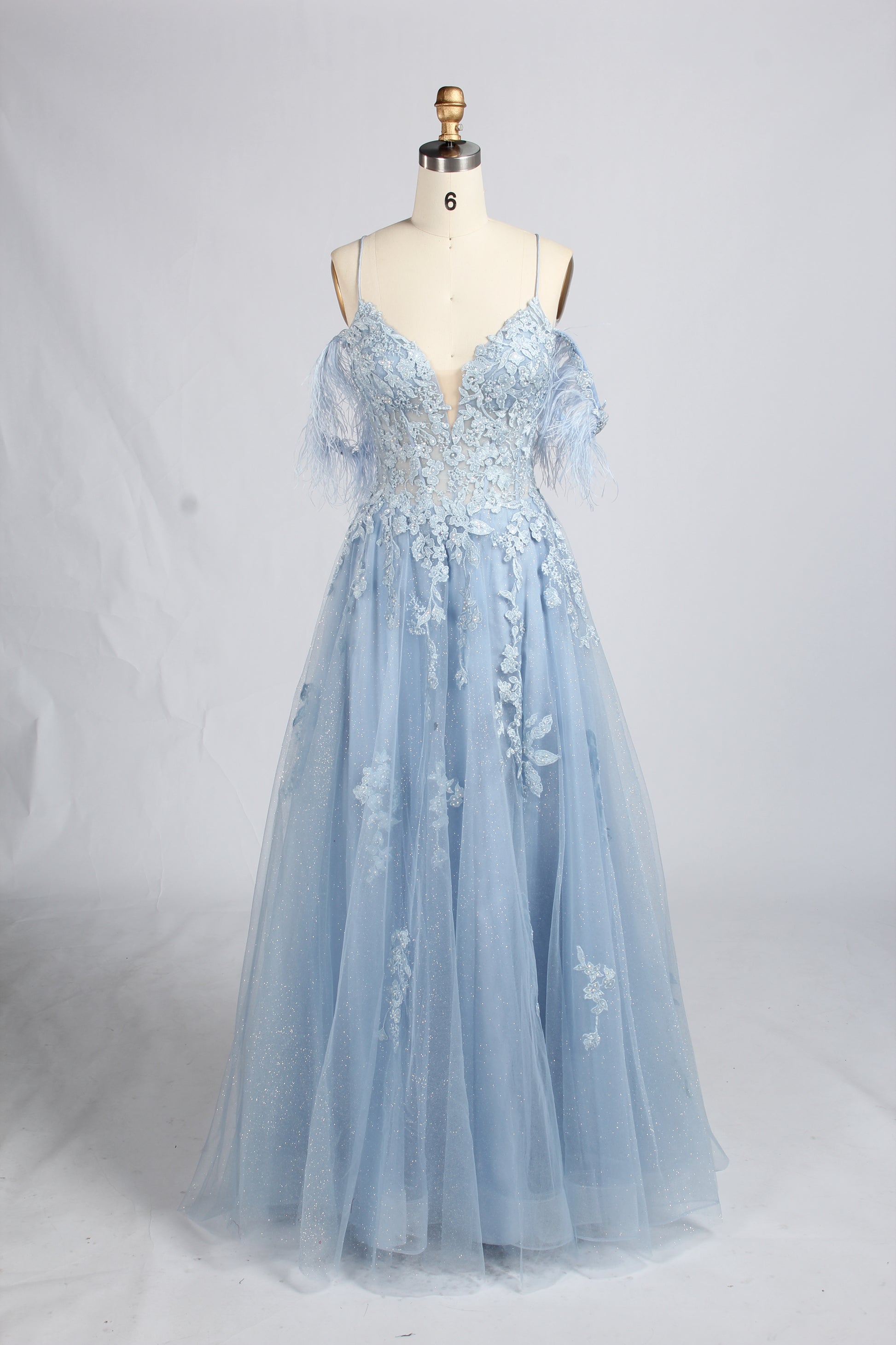 Wholesale Light Blue Lace Feather Off-the-Shoulder Evening Gown 33394