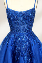 A mannequin displays a royal - blue, short - length gown with thin straps. The bodice and skirt are adorned with sparkling sequins and floral lace. The tulle skirt adds a fluttery, feminine touch, perfect for semi - formal events like homecoming or cocktail parties, exuding youthful charm.3