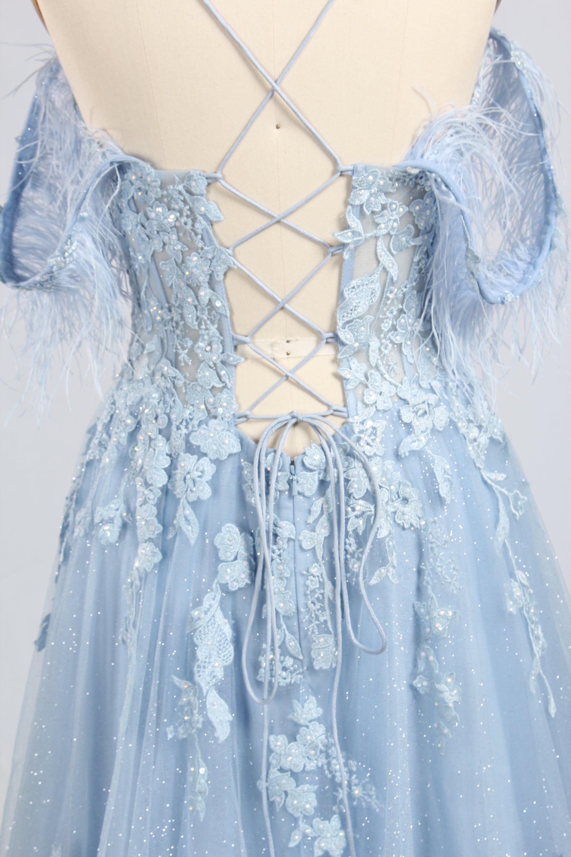 Wholesale Light Blue Lace Feather Off-the-Shoulder Evening Gown 33394