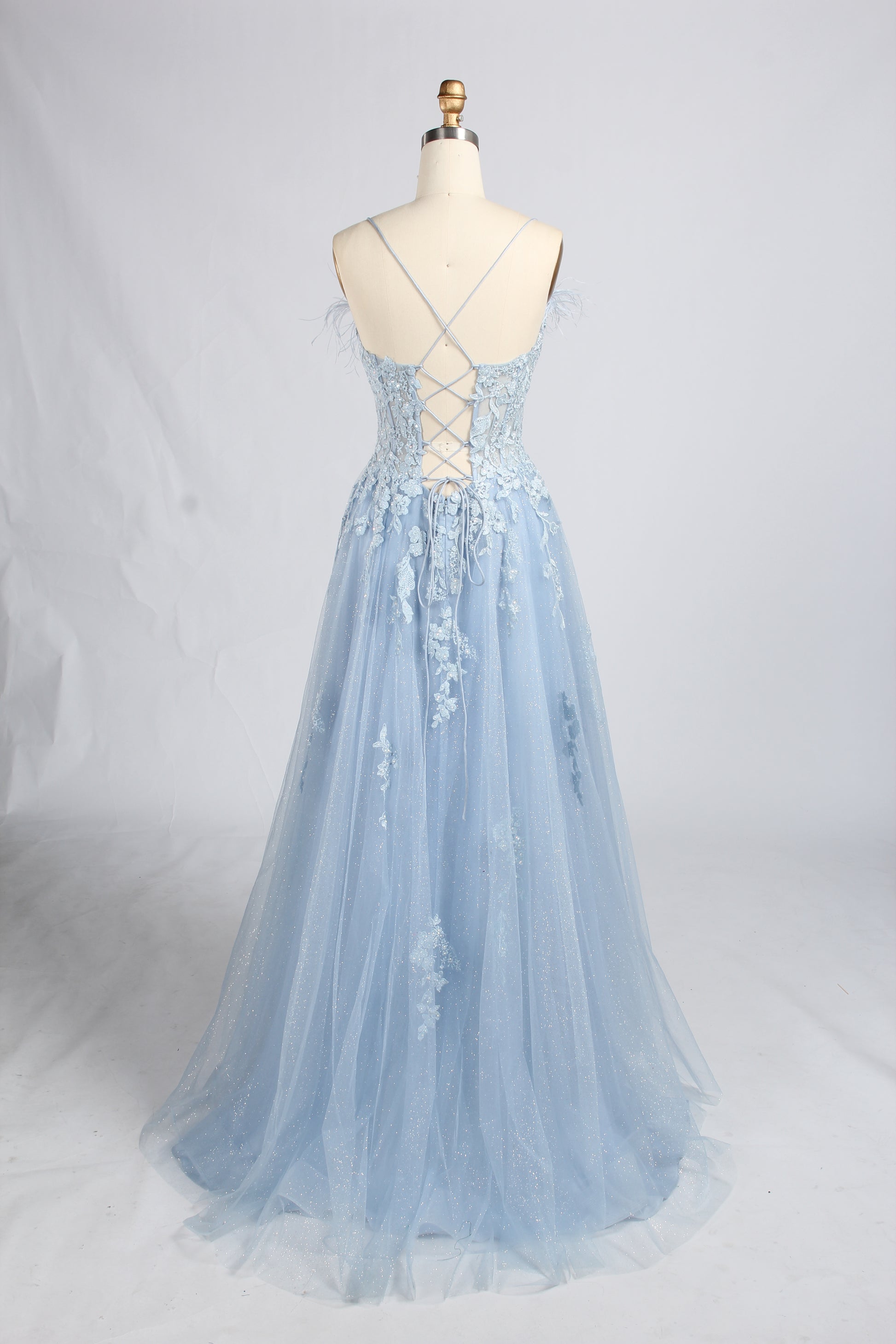 Wholesale Light Blue Lace Feather Off-the-Shoulder Evening Gown 33394