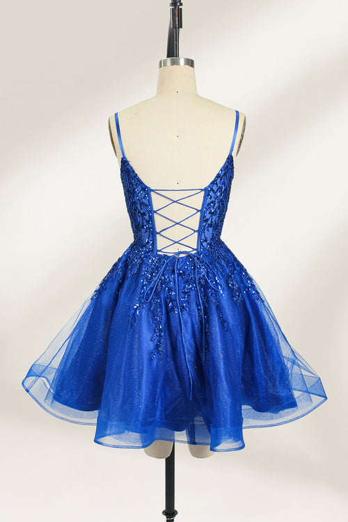 A mannequin displays a royal - blue, short - length gown with thin straps. The bodice and skirt are adorned with sparkling sequins and floral lace. The tulle skirt adds a fluttery, feminine touch, perfect for semi - formal events like homecoming or cocktail parties, exuding youthful charm.2