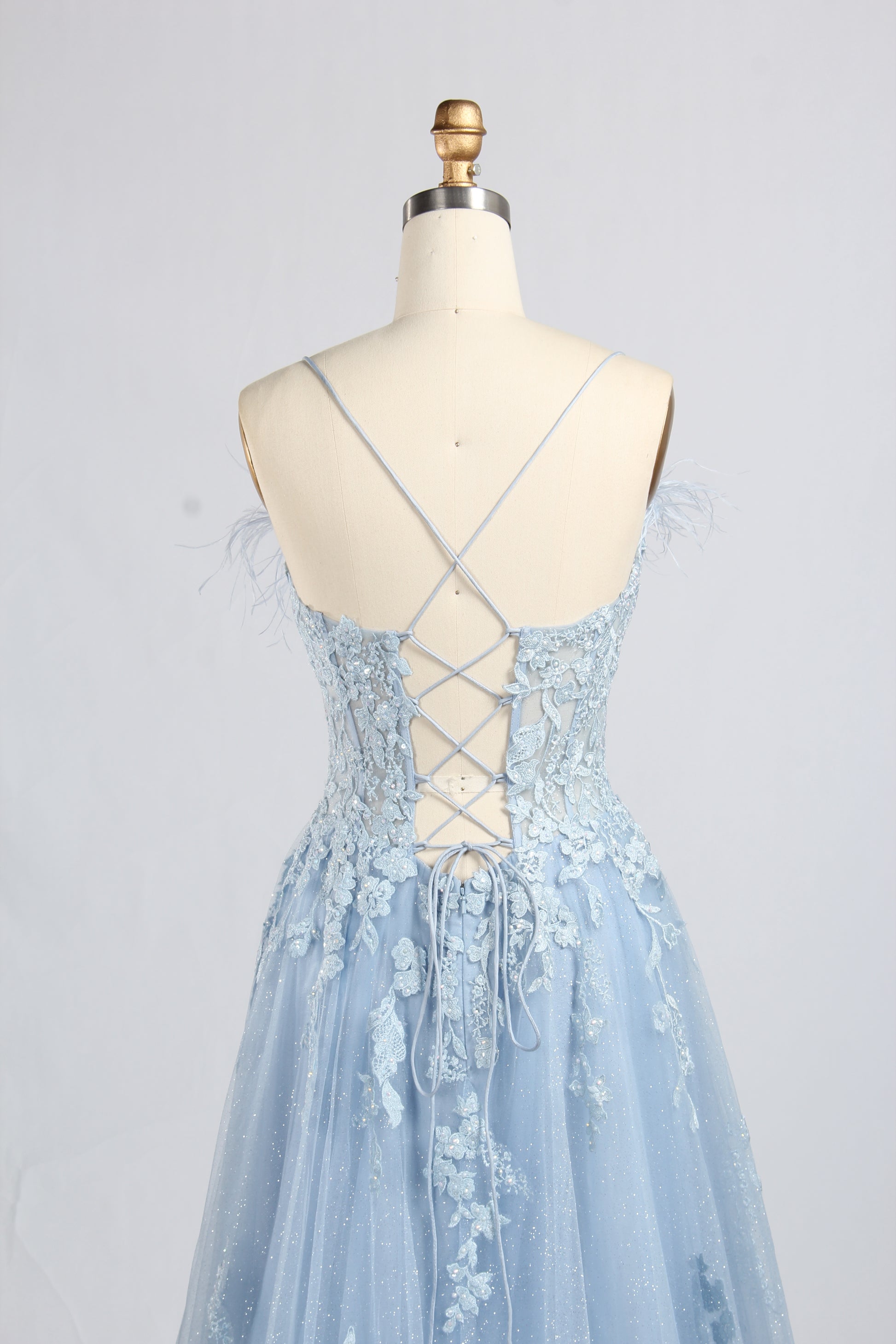 Wholesale Light Blue Lace Feather Off-the-Shoulder Evening Gown 33394