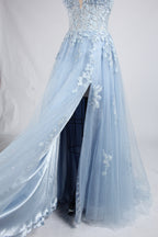 Wholesale Light Blue Lace Feather Off-the-Shoulder Evening Gown 33394