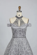 Luxury Beaded Silver Off Shoulder High Neck Lace A-Line Evening Dress  KS004