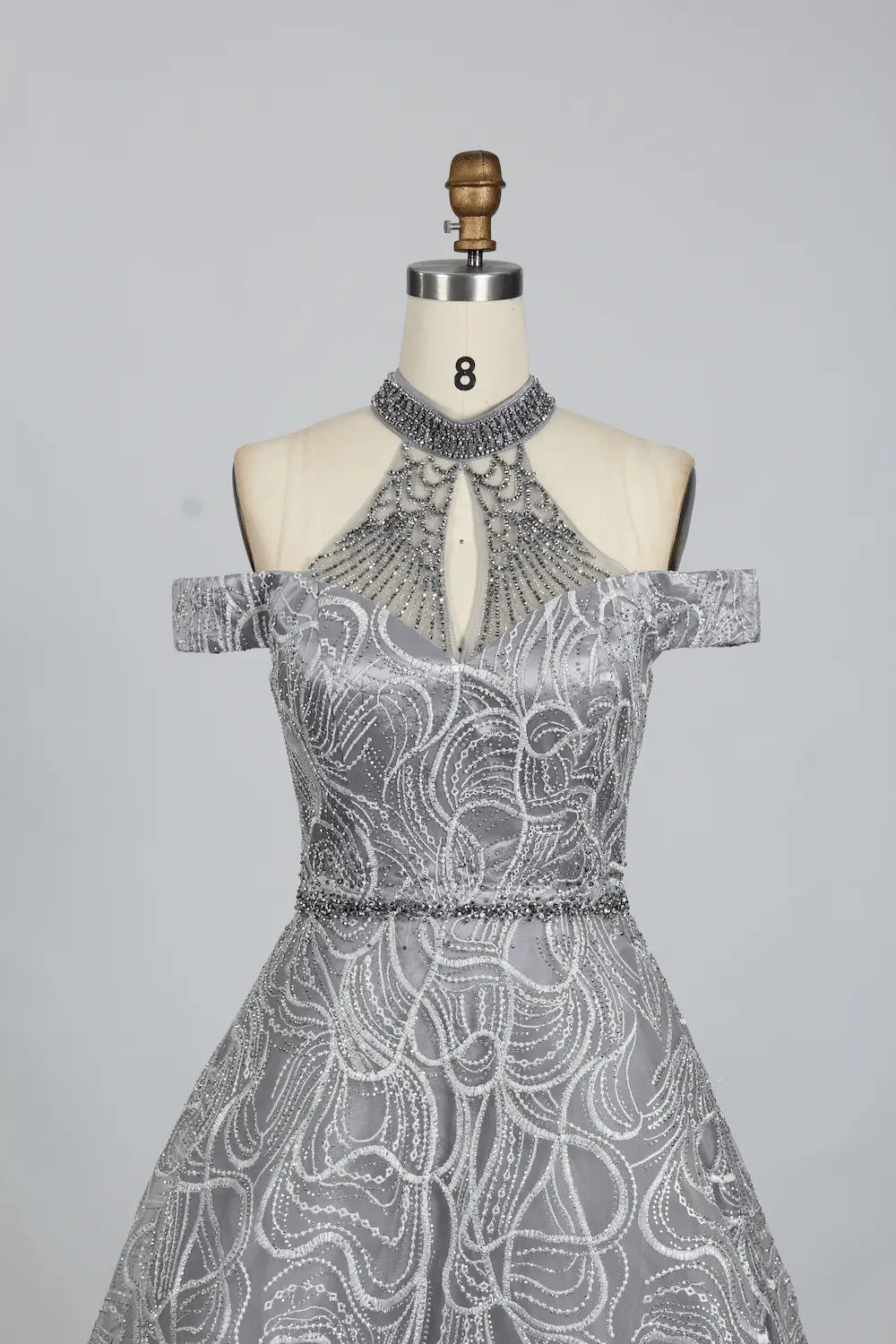 Luxury Beaded Silver Off Shoulder High Neck Lace A-Line Evening Dress  KS004