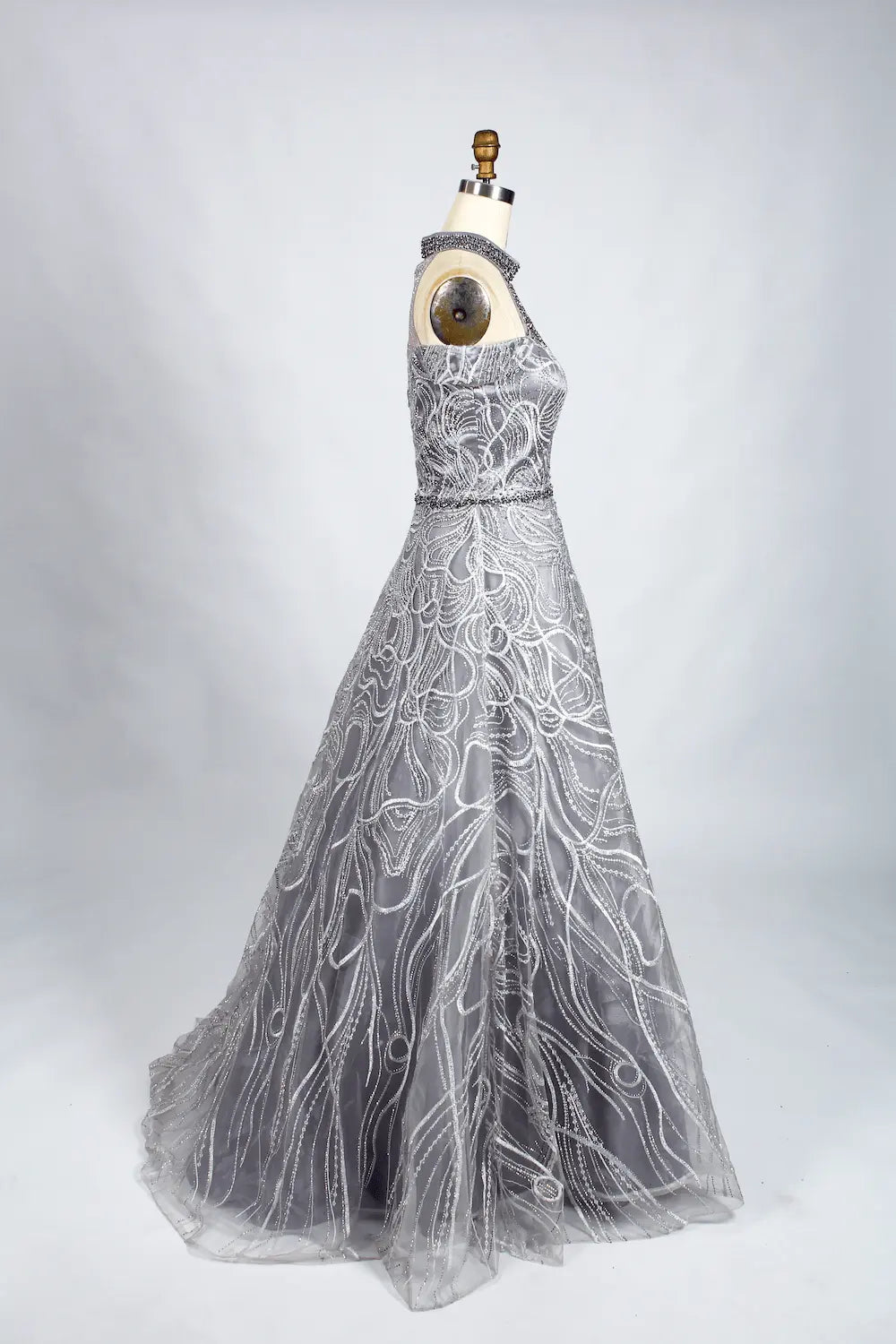 Luxury Beaded Silver Off Shoulder High Neck Lace A-Line Evening Dress  KS004