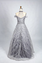 Luxury Beaded Silver Off Shoulder High Neck Lace A-Line Evening Dress  KS004