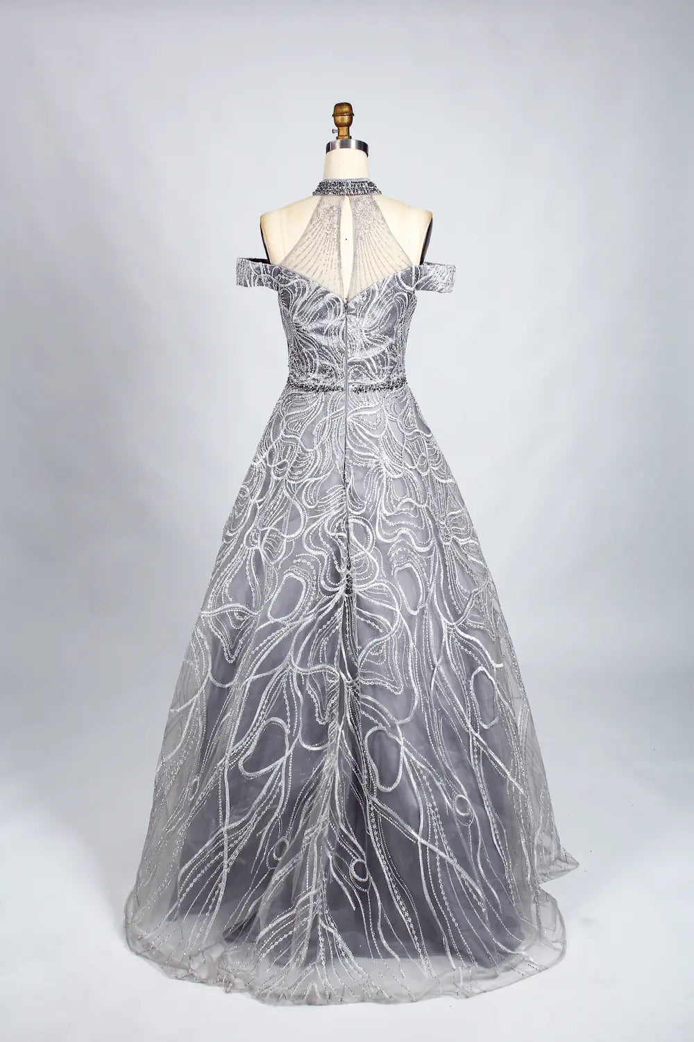 Luxury Beaded Silver Off Shoulder High Neck Lace A-Line Evening Dress  KS004