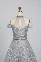 Luxury Beaded Silver Off Shoulder High Neck Lace A-Line Evening Dress  KS004
