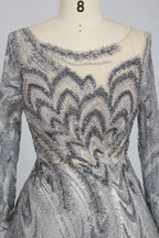 Silver Illusion Neckline Sequin Long Sleeve Evening Dress ks005