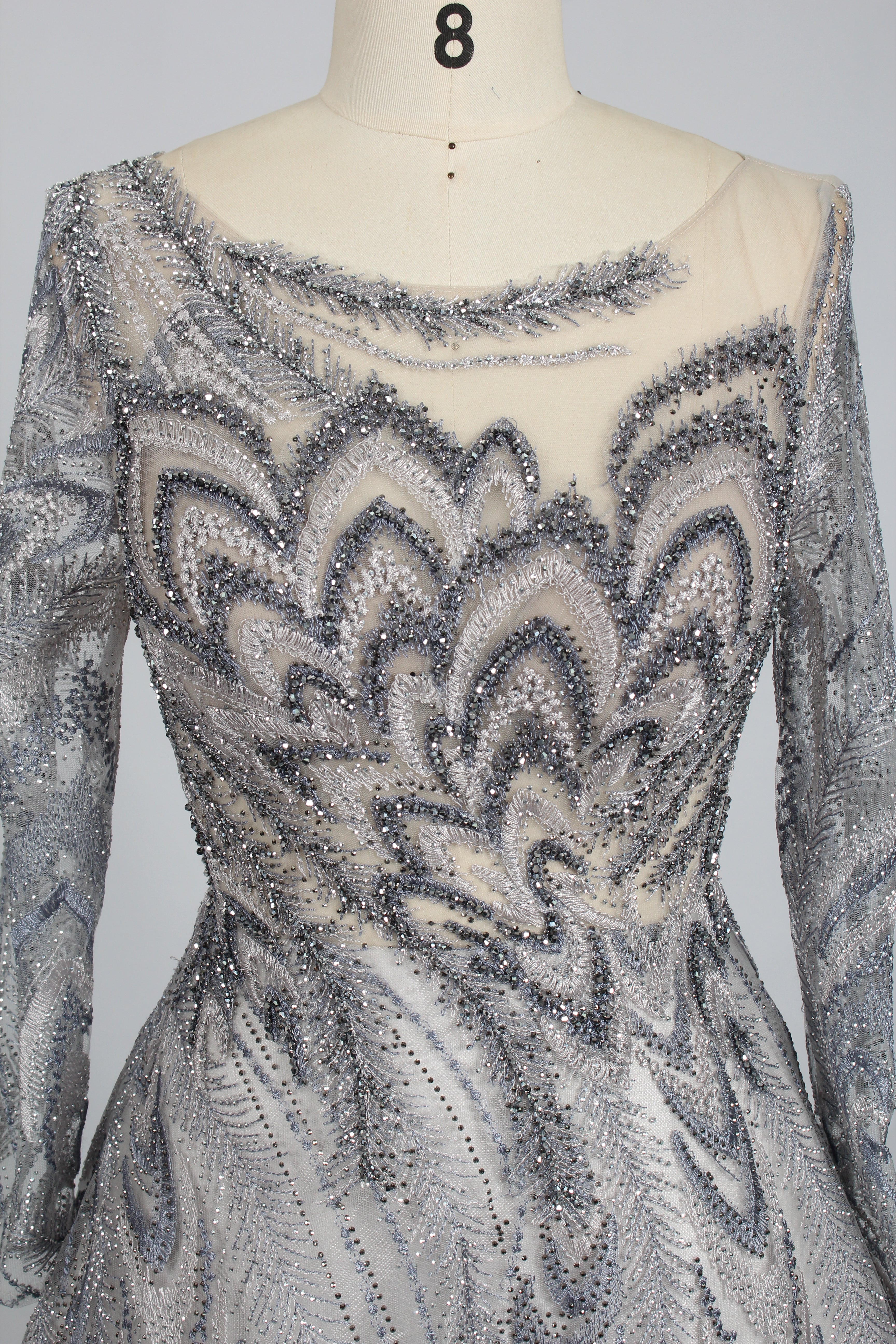 Silver Illusion Neckline Sequin Long Sleeve Evening Dress ks005