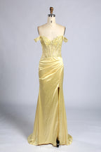 Wholesale Yellow Off-Shoulder Lace Prom Dress with Slit 33195b