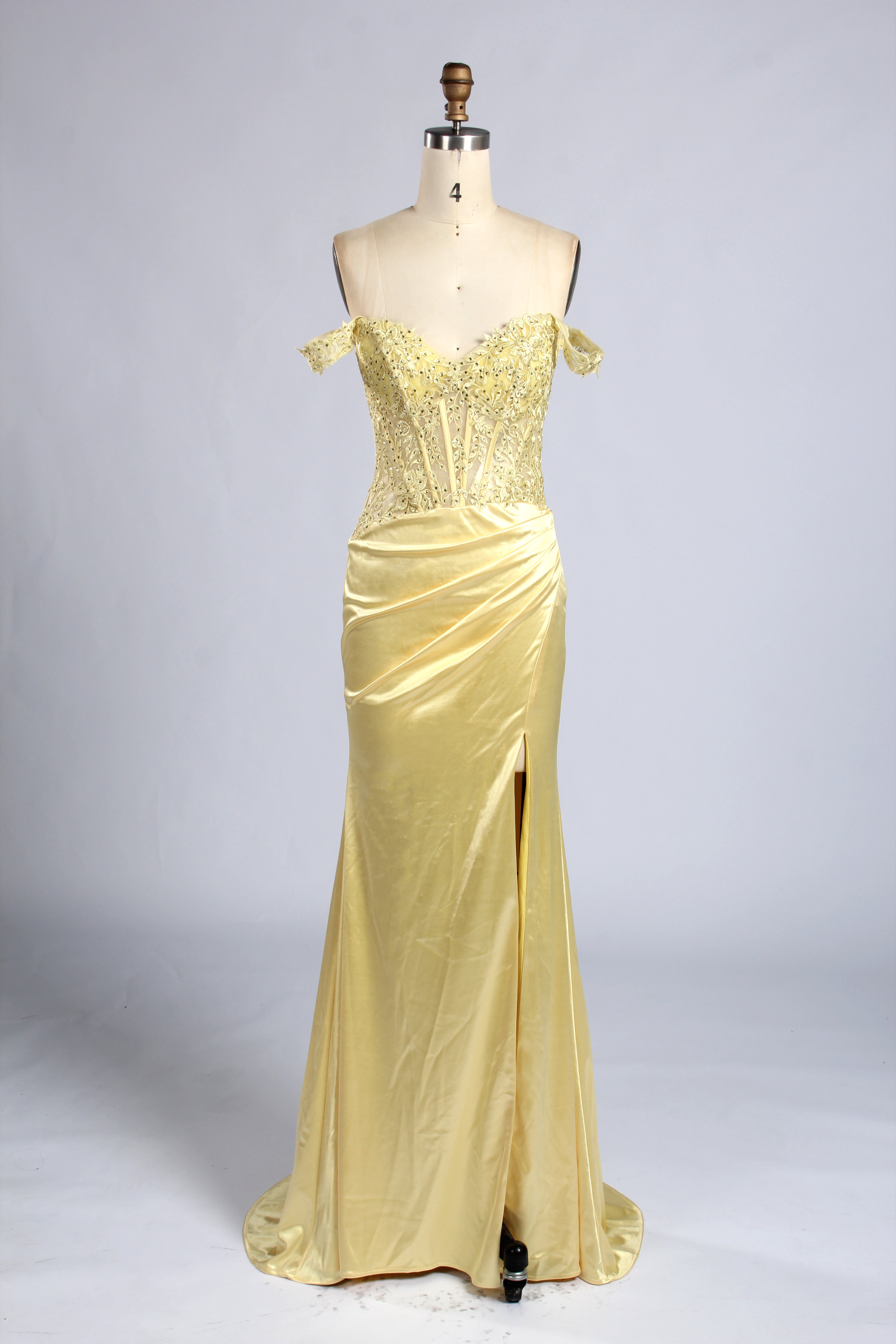 Wholesale Yellow Off-Shoulder Lace Prom Dress with Slit 33195b