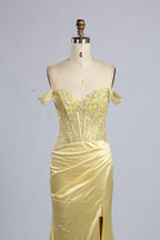 Wholesale Yellow Off-Shoulder Lace Prom Dress with Slit 33195b
