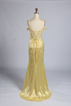 Wholesale Yellow Off-Shoulder Lace Prom Dress with Slit 33195b