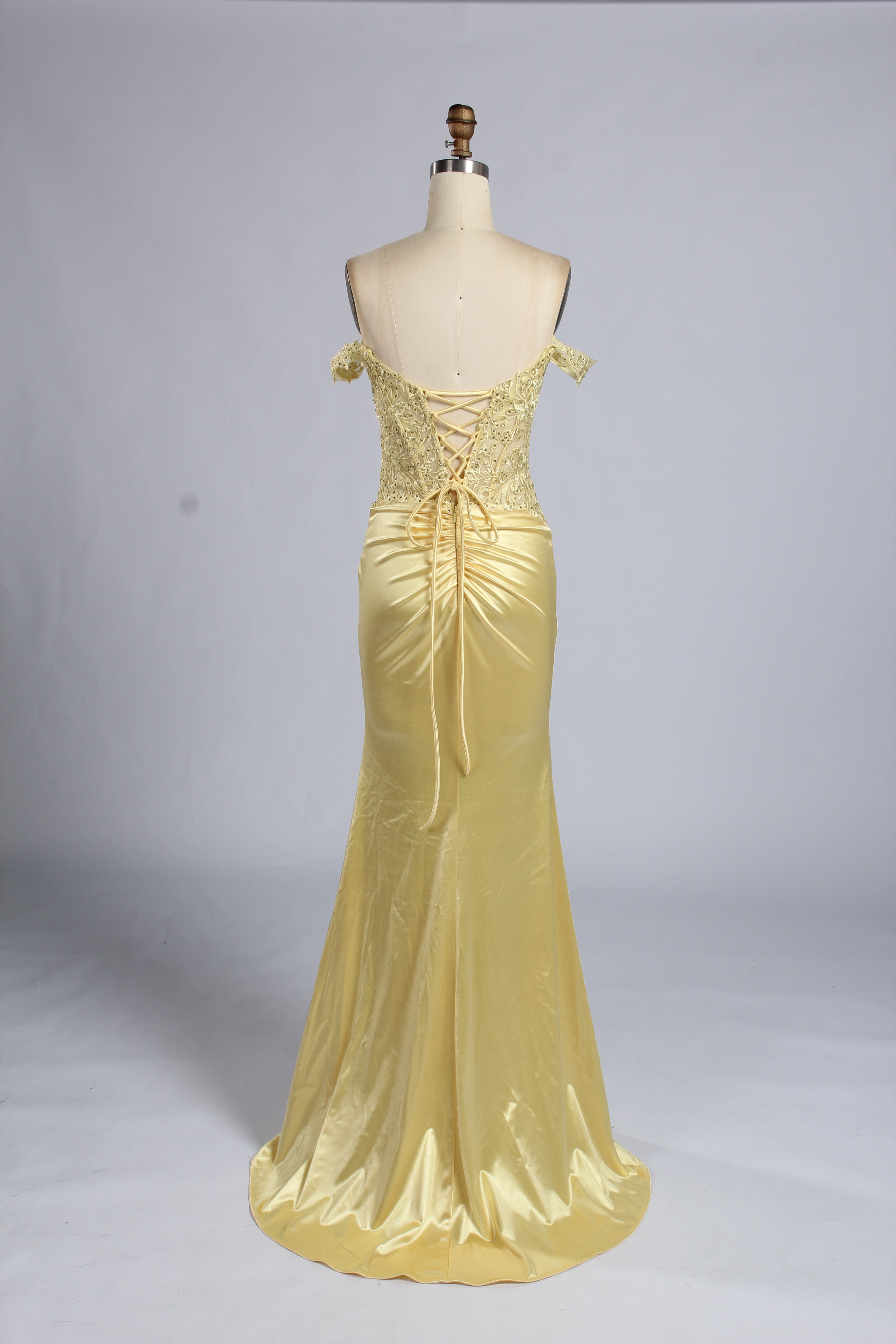 Wholesale Yellow Off-Shoulder Lace Prom Dress with Slit 33195b