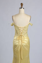 Wholesale Yellow Off-Shoulder Lace Prom Dress with Slit 33195b