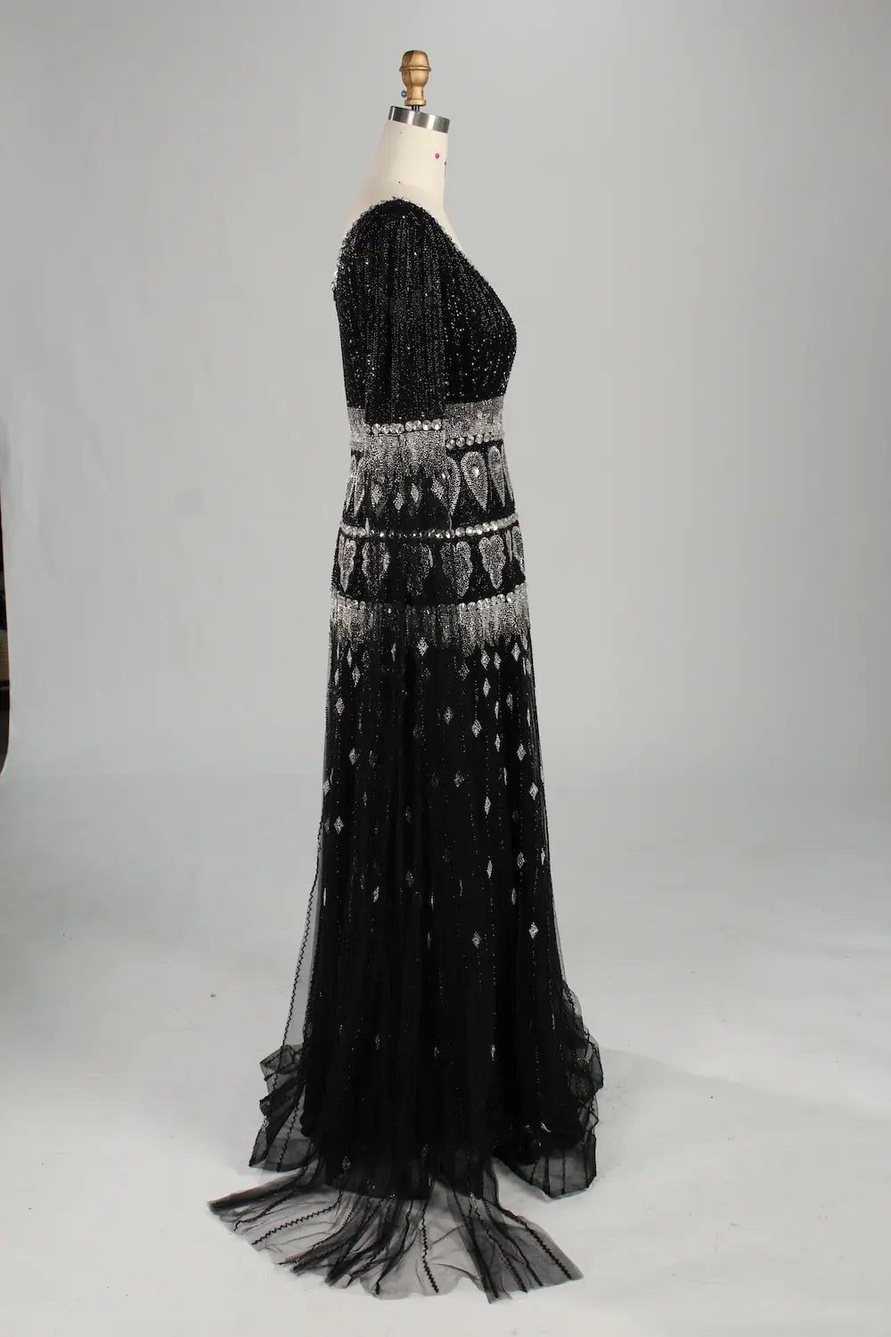 Black Beaded Cape Sleeves A-Line Mother of the Bride Dress MC160