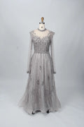 Silver-gray sequin A-line mother-of-bride dress with cap sleeves and tulle skirt