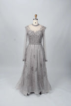Silver-gray sequin A-line mother-of-bride dress with cap sleeves and tulle skirt