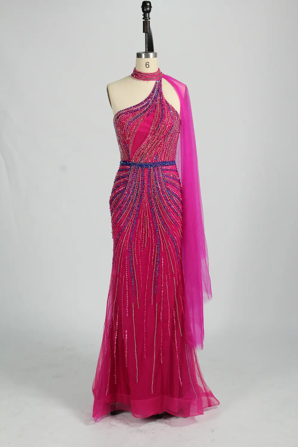 Beaded One-Shoulder Mermaid Evening Dress with Draped Cape KY042