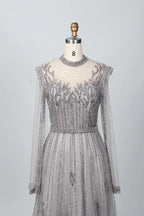 Silver-gray sequin bodice A-line mother-of-bride dress with cap sleeves