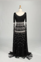 Black Beaded Cape Sleeves A-Line Mother of the Bride Dress MC160
