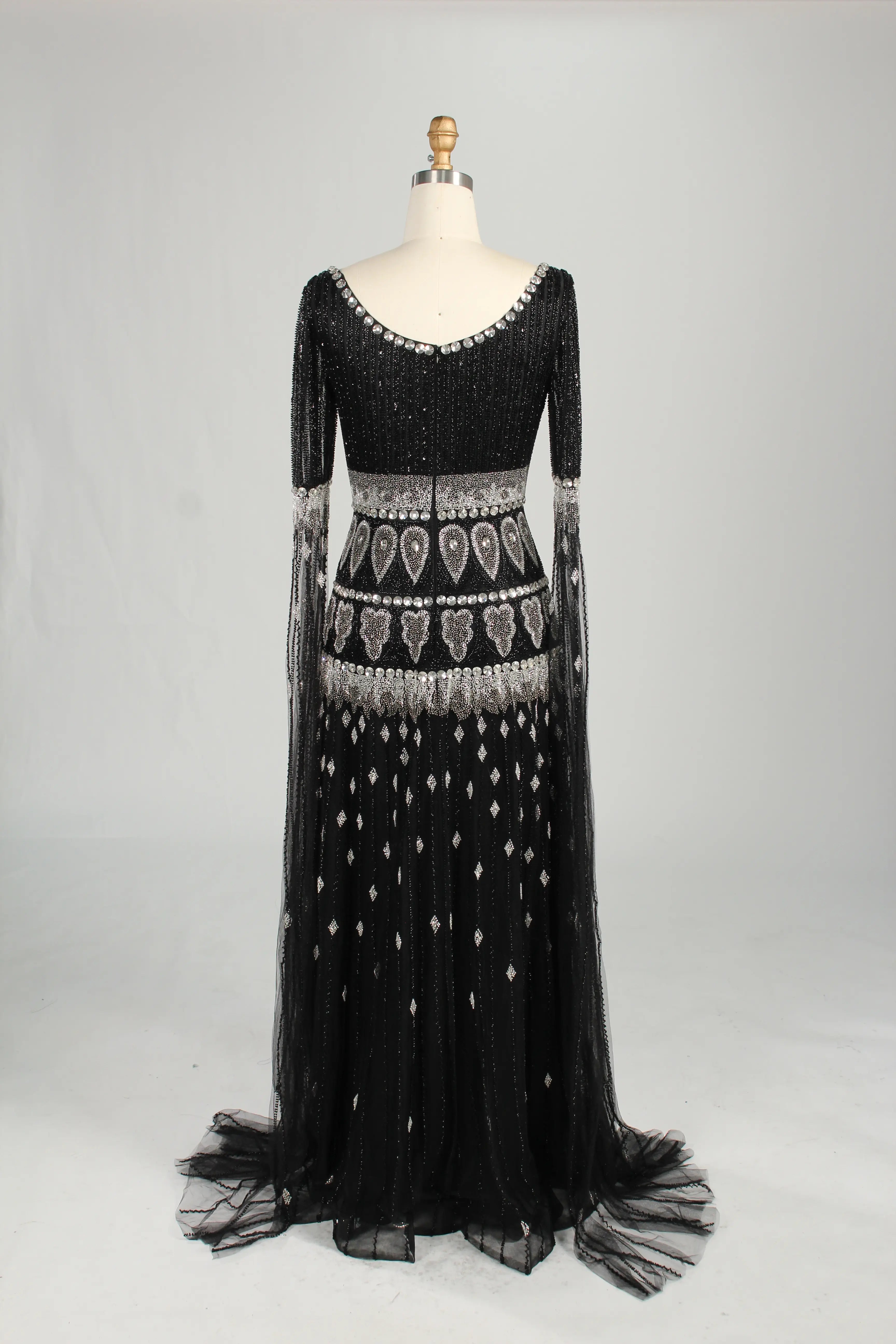 Black Beaded Cape Sleeves A-Line Mother of the Bride Dress MC160