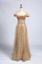 Gold Off the Shoulder Beaded Mermaid Tulle Overskirt Mother of the Bride Gown MC164