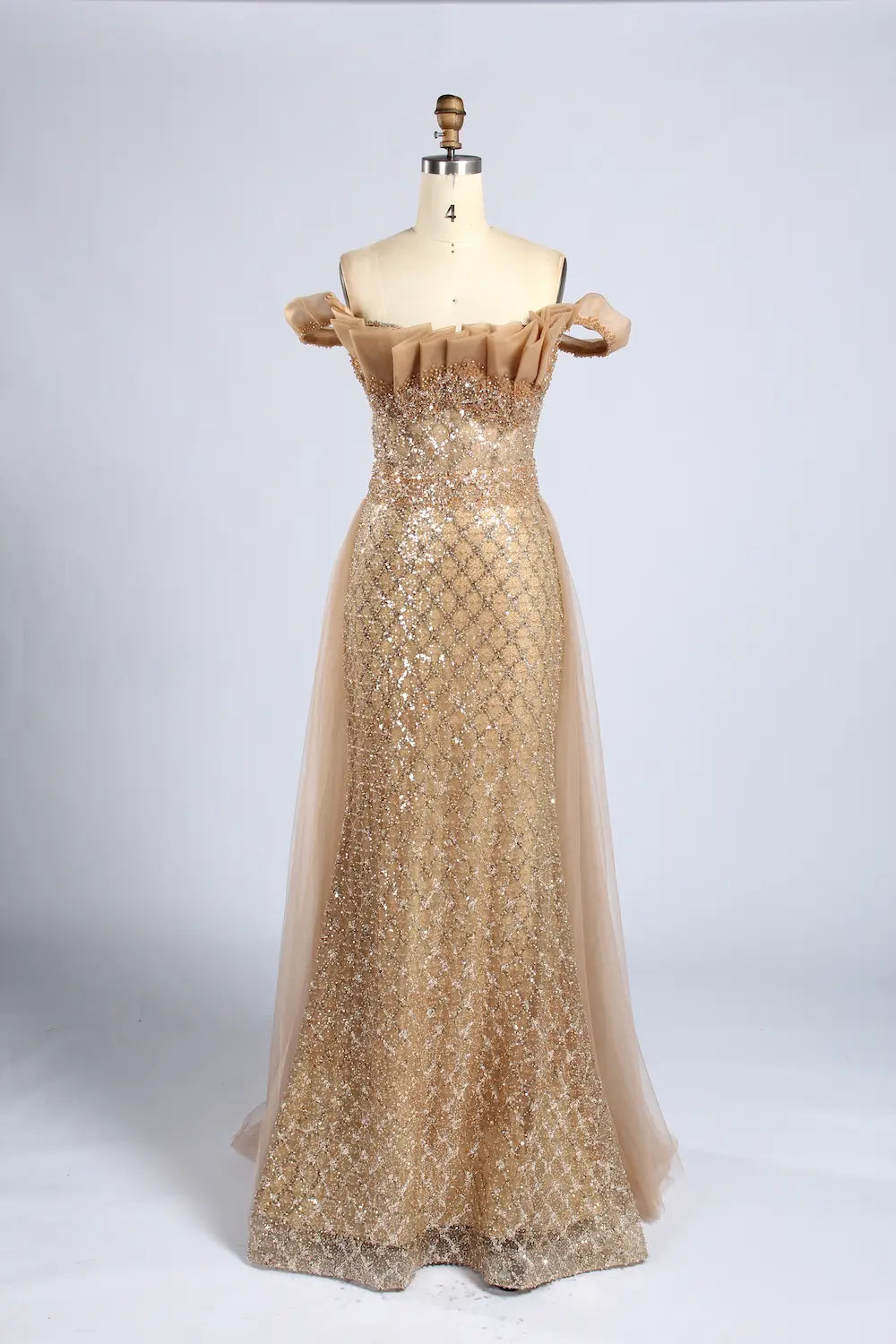 Gold Off the Shoulder Beaded Mermaid Tulle Overskirt Mother of the Bride Gown MC164