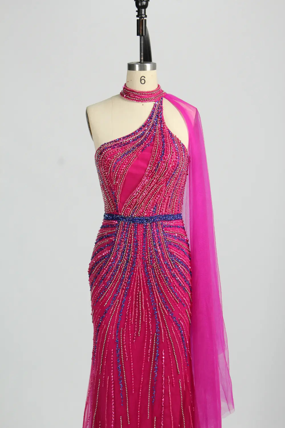 Beaded One-Shoulder Mermaid Evening Dress with Draped Cape KY042