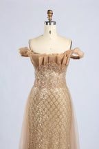 Gold Off the Shoulder Beaded Mermaid Tulle Overskirt Mother of the Bride Gown MC164
