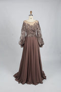 Taupe Embellished A-Line Mother of the Bride Dress with Puff Sleeves KS001
