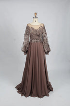 Taupe Embellished A-Line Mother of the Bride Dress with Puff Sleeves KS001
