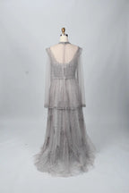 Silver-gray sequin A-line mother-of-bride dress with cap sleeves, sheer back panel