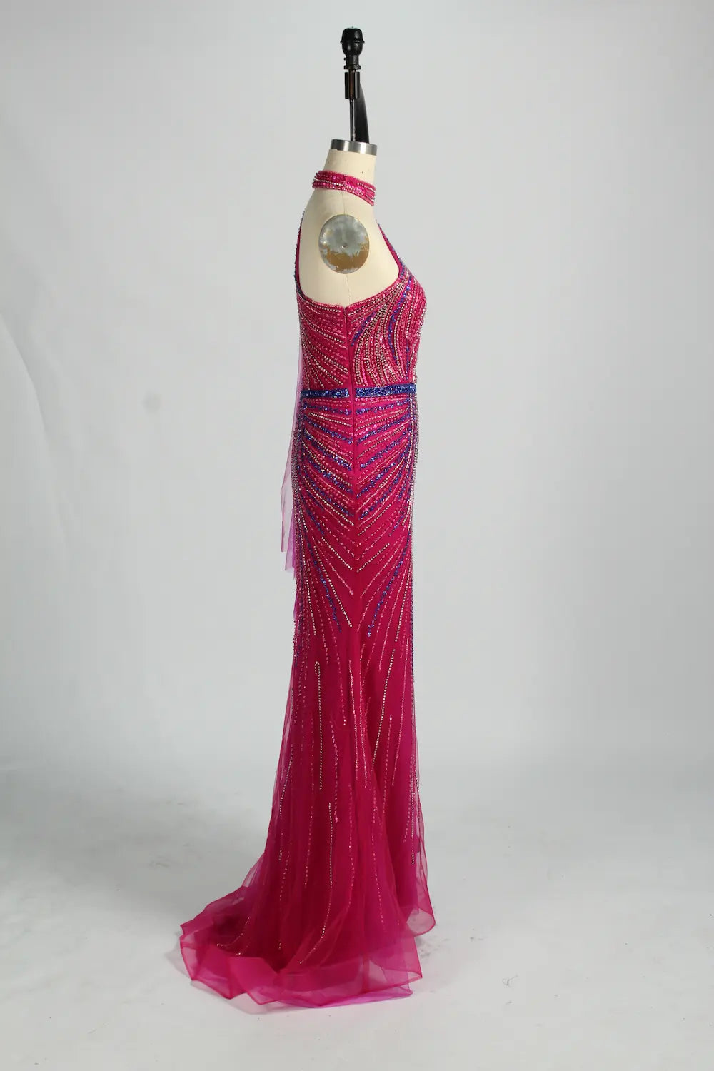 Beaded One-Shoulder Mermaid Evening Dress with Draped Cape KY042
