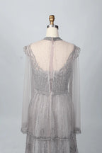 Silver-gray sequin A-line mother-of-bride dress, V-back with sheer lace overlay