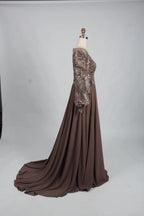 Taupe Embellished A-Line Mother of the Bride Dress with Puff Sleeves KS001