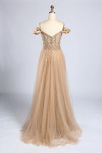 Gold Off the Shoulder Beaded Mermaid Tulle Overskirt Mother of the Bride Gown MC164
