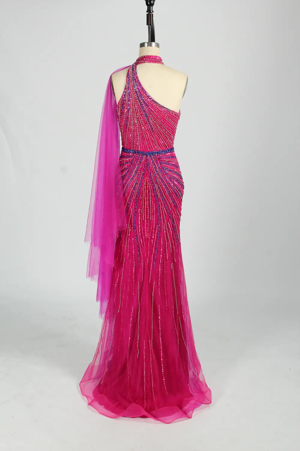 Beaded One-Shoulder Mermaid Evening Dress with Draped Cape KY042