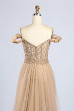 Gold Off the Shoulder Beaded Mermaid Tulle Overskirt Mother of the Bride Gown MC164