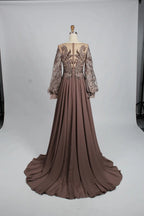 Taupe Embellished A-Line Mother of the Bride Dress with Puff Sleeves KS001